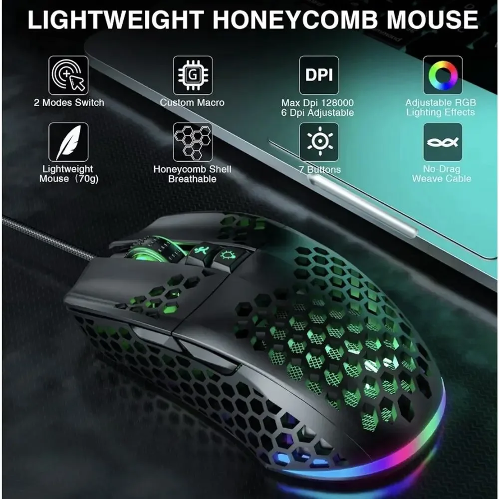 SOLAKAKA SM900 Gaming Mouse RGB Wired 12800 DPI Honeycomb Lightweight Black